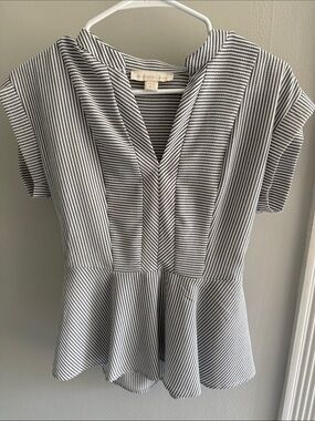 Striped V-Neck Peplum Blouse - Black & White